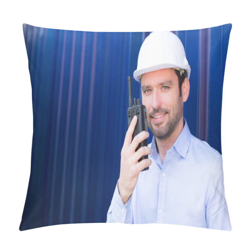 Personality  Young Attractive Engineer Using Talkie Walkie On The Dock Pillow Covers