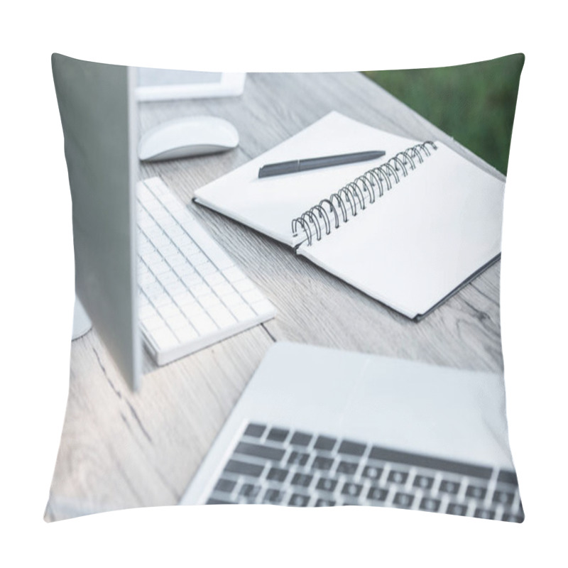 Personality  Selective Focus Of Empty Textbook With Pen, Laptop, Digital Tablet And Computer On Table Outdoors  Pillow Covers