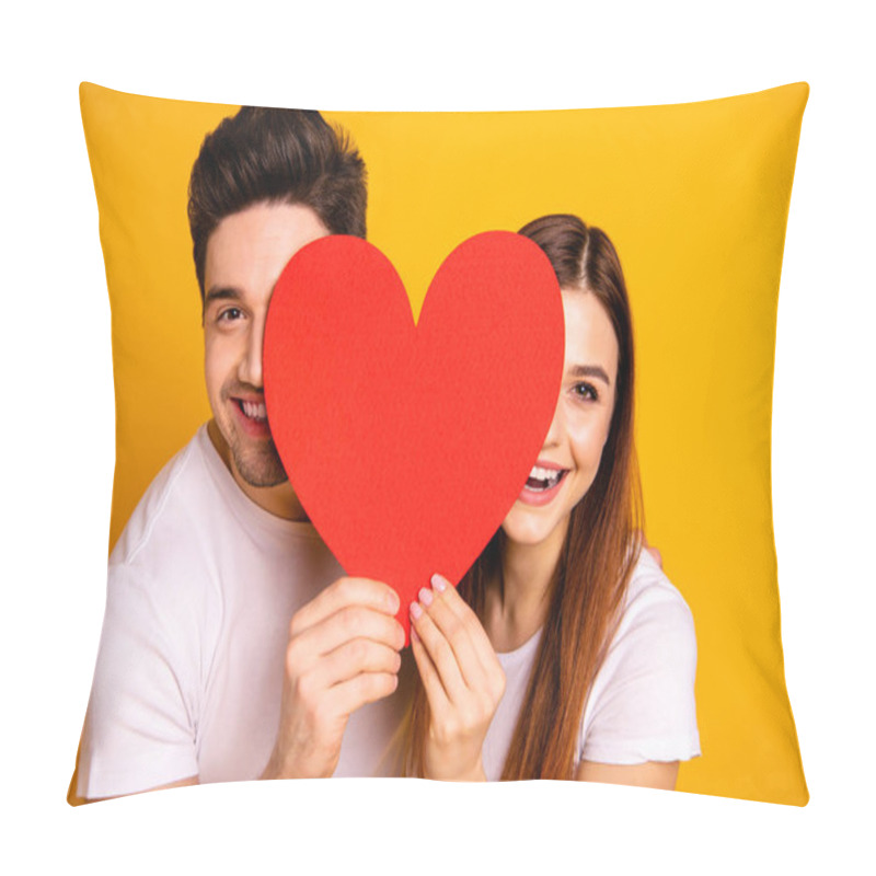 Personality  Close Up Photo Beautiful She Her He Him His Guy Lady Hiding Facial Expression Laugh Laughter Hold Hands Arms Heart Shape Paper Postcard In Love Wear Casual White T-shirts Isolated Yellow Background Pillow Covers