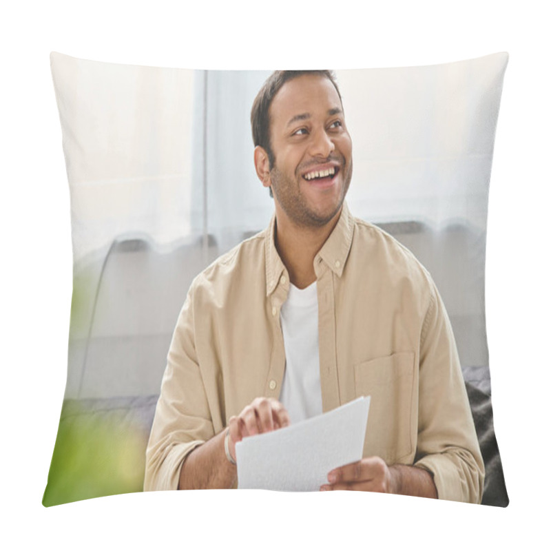 Personality  Cheerful Indian Blind Man In Casual Comfortable Attire Sitting On Sofa And Reading Braille Code Pillow Covers