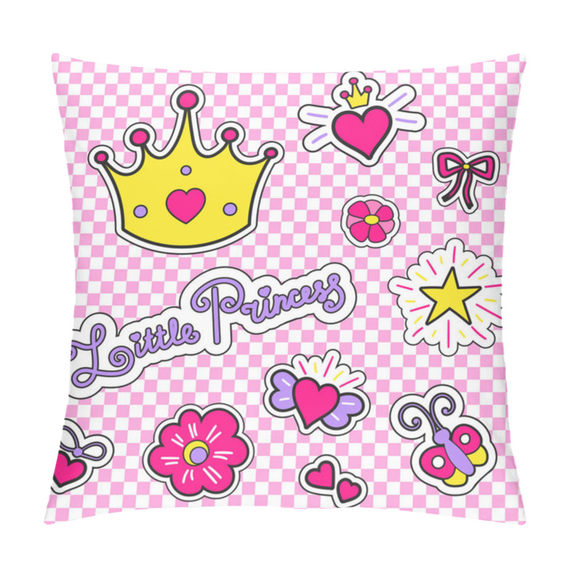 Personality  Fashion Patches Vector With Crown, Hearts, Stars, Flowers And Other Elements For Little Princess. Set Stickers Or Tags For Girls Isolated. Pillow Covers