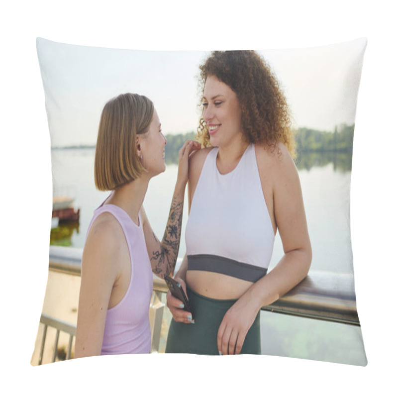 Personality  Two Women Share Laughter And Joy While Relaxing By The Water. Pillow Covers