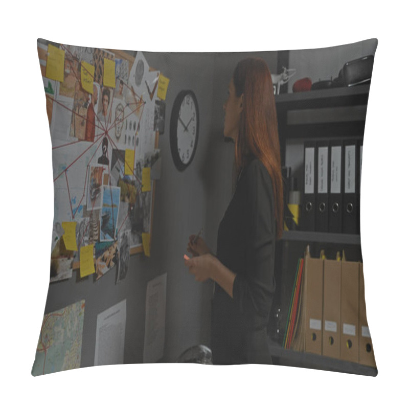 Personality  A Thoughtful Woman Detective Examines Evidence In A Dark Office, Surrounded By Files, A Clock, And A Crime Board. Pillow Covers