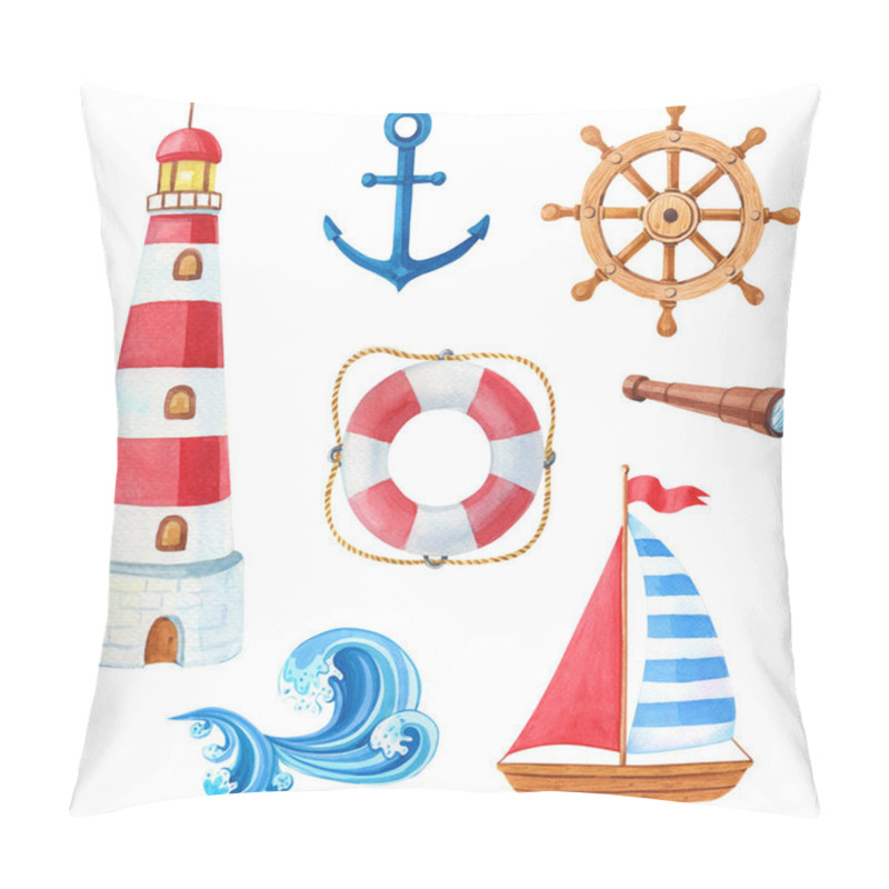 Personality  Watercolor Marine Set Of Wooden Ship,anchor,lighthouse,Lifebuoy,steering Wheel.Watercolour Summer Illustration Pillow Covers