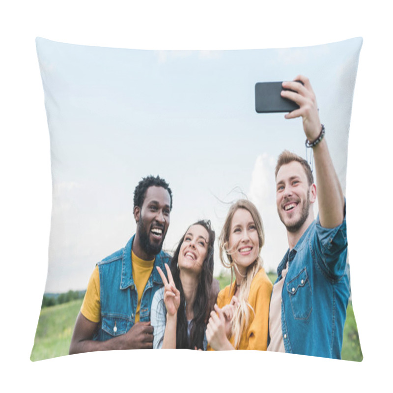 Personality  Selective Focus Of Happy Friends Taking Selfie Against Blue Sky With Clouds  Pillow Covers