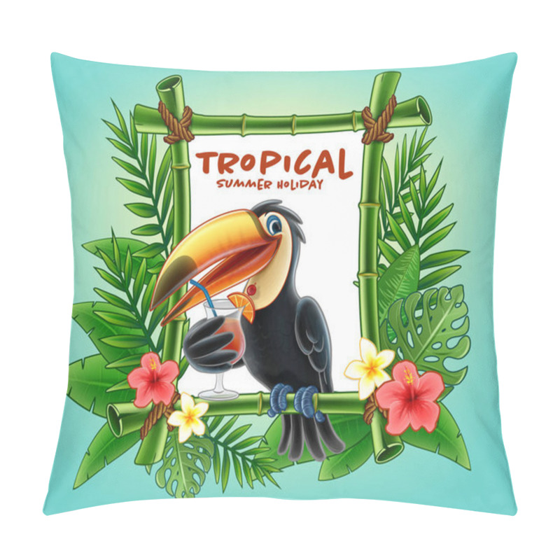 Personality  Beach Party Tropical Frame Made Of Exotic Leaves And Toucan Drinking Cocktail Pillow Covers