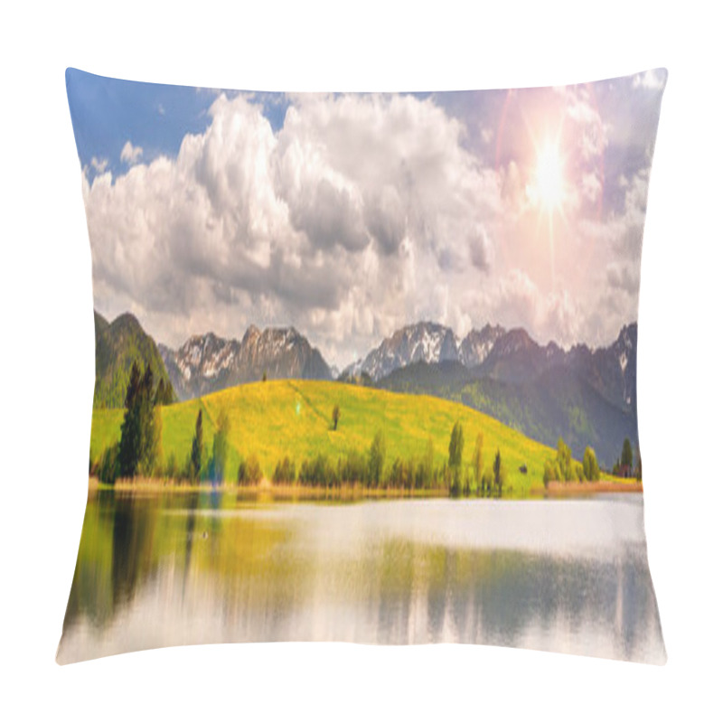 Personality  Panoramic Landscape In Bavaria With Alps Mountains And Meadow At Springtime Pillow Covers