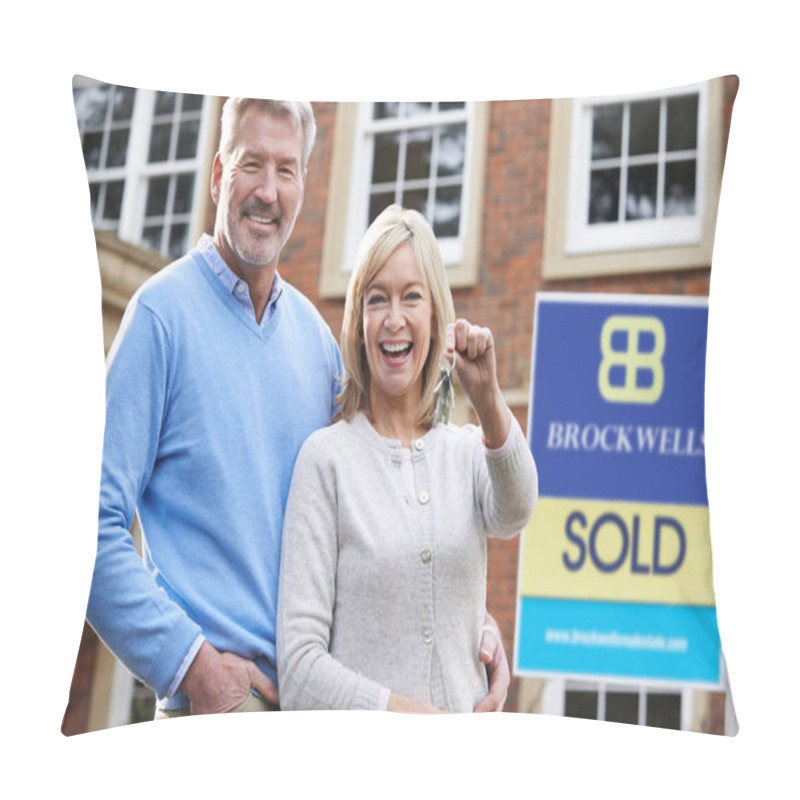 Personality  Mature Couple Holding Keys To New Home Standing By Sold Sign Pillow Covers