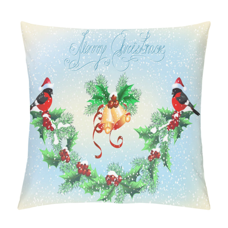 Personality  Christmas Card With Garland, Bells And Bullfinches On The Snowfa Pillow Covers