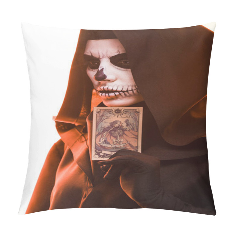 Personality  KYIV, UKRAINE - APRIL 18, 2019: Woman With Skull Makeup Holding Tarot Card Isolated On White Pillow Covers