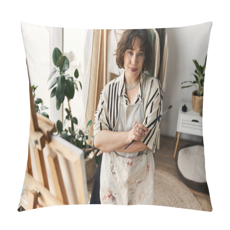 Personality  A Talented Young Woman With Curly Hair Paints With Passion In Her Stylish Apartment During The Day. Pillow Covers