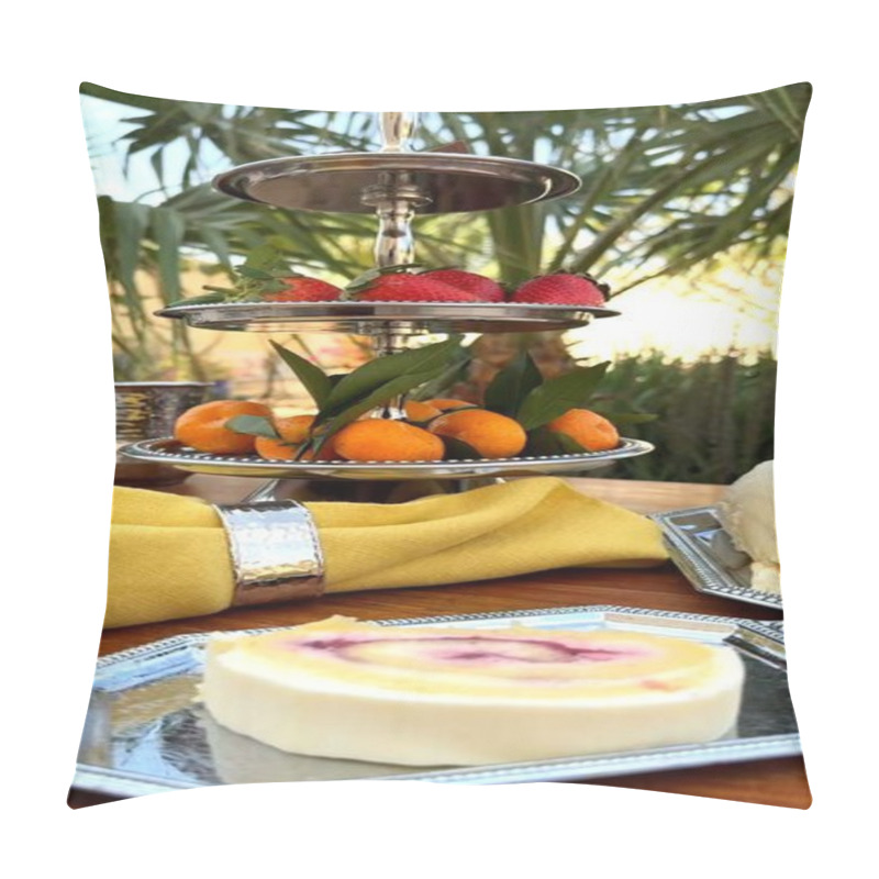 Personality  Luxury Dessert Displayed With Bright Citrus Fruits On Silver , Tiered Fruit Stand Showcasing Vibrant Berries Creating Harmonious Fruits And Dessert Presentation., Yellow Napkin Polished Table Concept. Pillow Covers