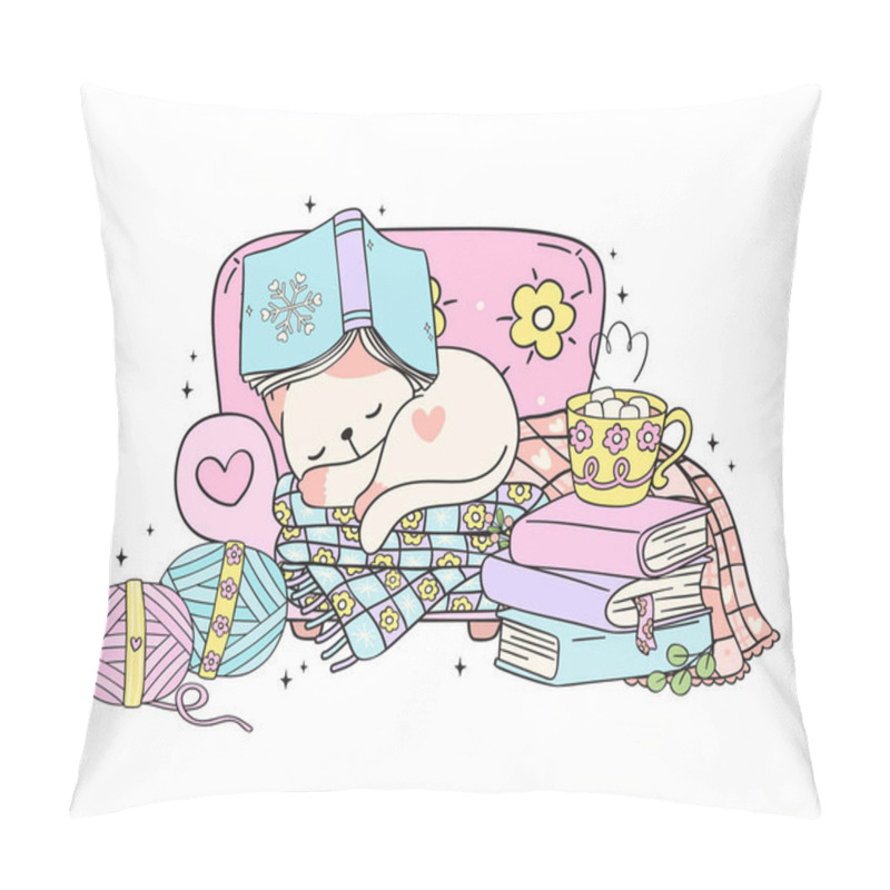 Personality  Cute Groovy Retro Winter Bookish Cat Sleeping On Cozy Sofa Illustration Hand Drawn Doodle. Pillow Covers