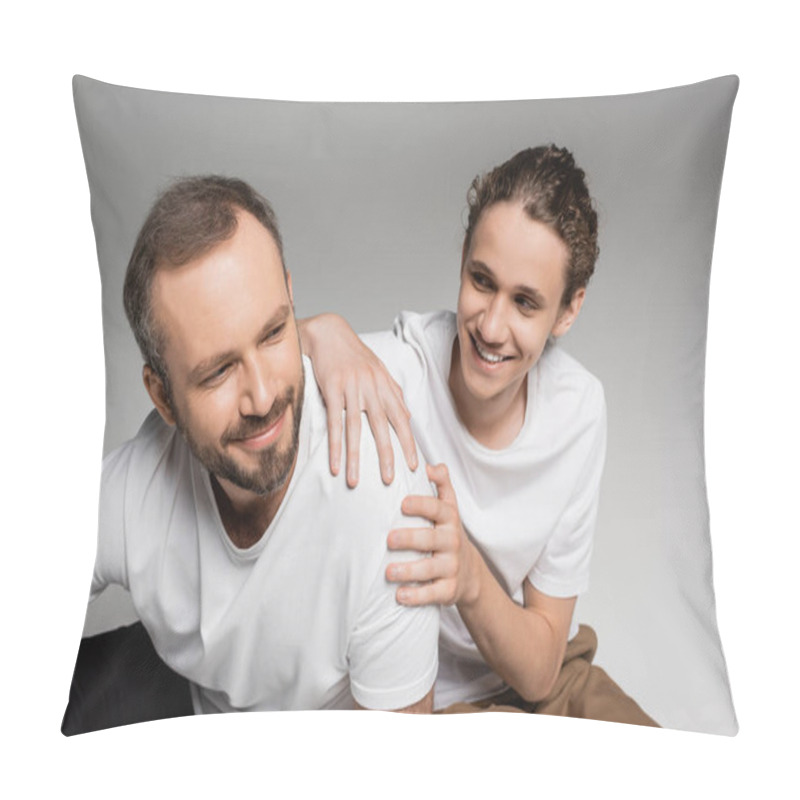 Personality  Smiling Father And Happy Teenage Son In White T-shirts Smiling On Grey  Pillow Covers