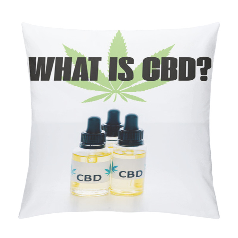 Personality  Cbd Oil In Bottles Isolated On White With What Is CBD Question Pillow Covers