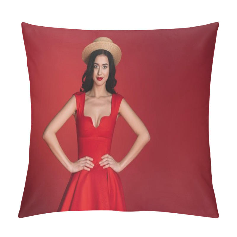 Personality  Attractive Girl In Red Dress Posing Isolated On Red Pillow Covers