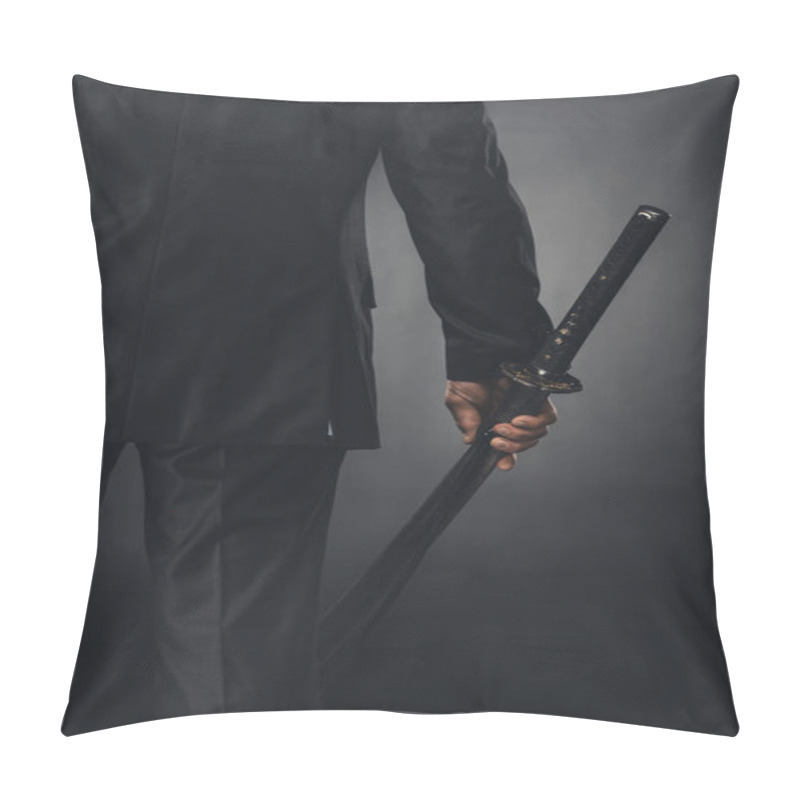 Personality  Cropped Shot Of Man In Business Suit With Katana Sword On Black Pillow Covers