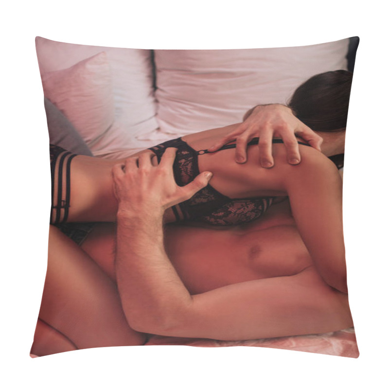 Personality  Cropped View Of Young Sexy Couple Embracing In Bed With Neon Red Light  Pillow Covers