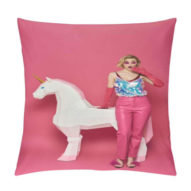 Personality  A Woman In Vibrant Clothing Stands Next To A White Unicorn, Looking Surprised. Pillow Covers