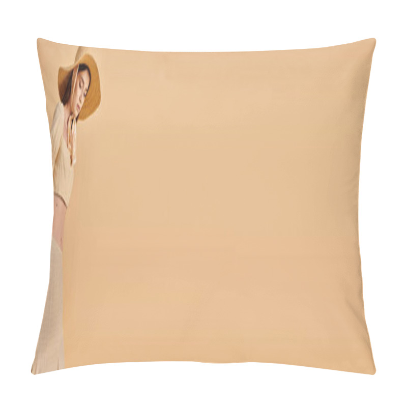 Personality  A Young Woman With Long Brunette Hair Strikes A Pose In A Stylish Summer Outfit, Exuding A Carefree And Elegant Vibe. Pillow Covers