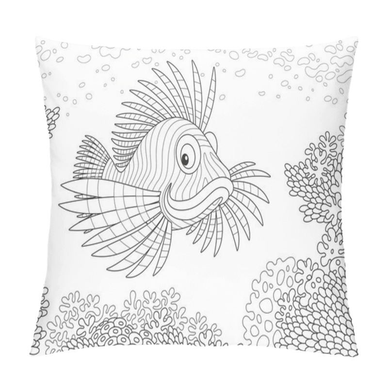 Personality  A Striped Scorpion Fish Swimming Over A Coral Reef In A Tropical Sea, A Black And White Vector Illustration In Cartoon Style For A Coloring Book Pillow Covers