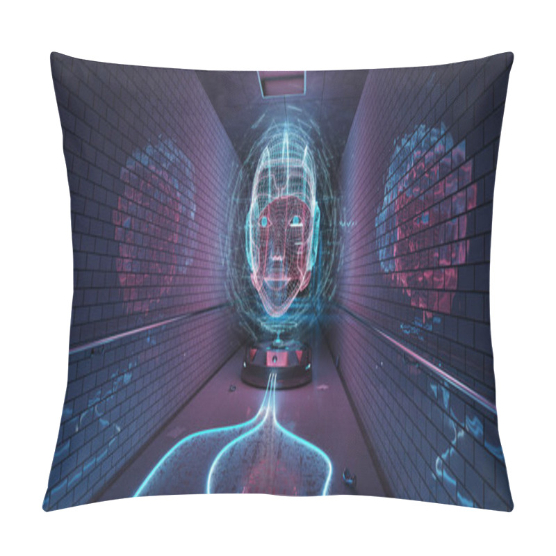 Personality  Blue And Pink Cyborg Hologram Watching A Subway Interior 3D Rendering Pillow Covers