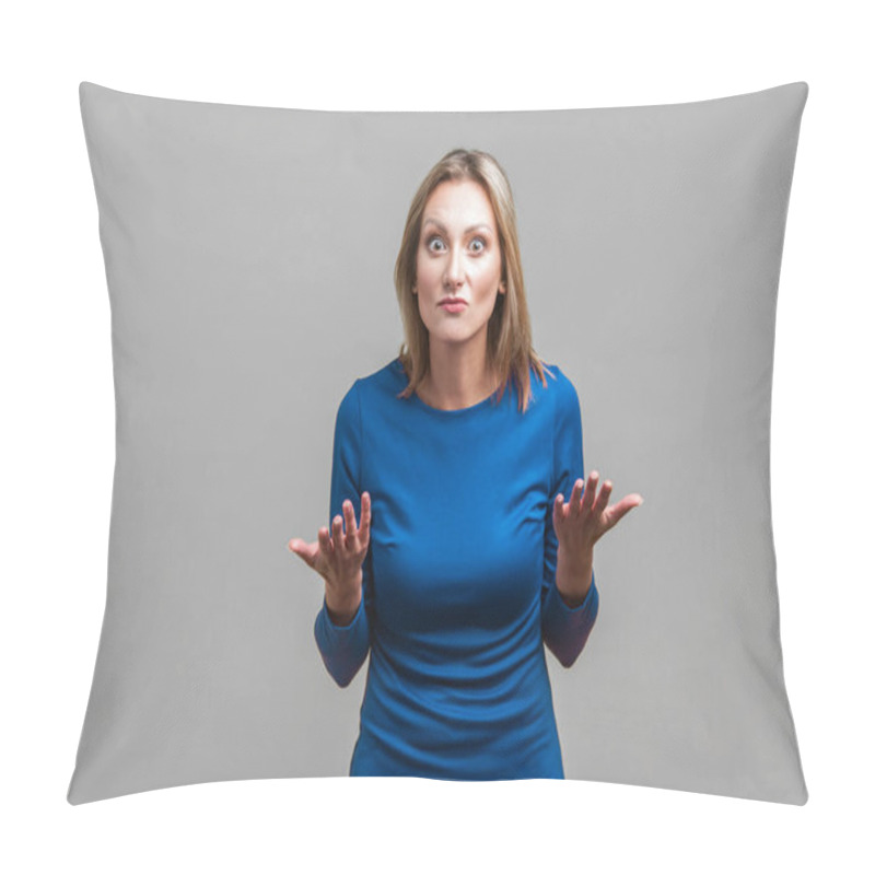 Personality  How Could You? Portrait Of Disappointed Unhappy Woman In Elegant Tight Blue Dress Standing With Raised Hands Asking What Do You Want, Angry Face. Indoor Studio Shot Isolated On Gray Background Pillow Covers