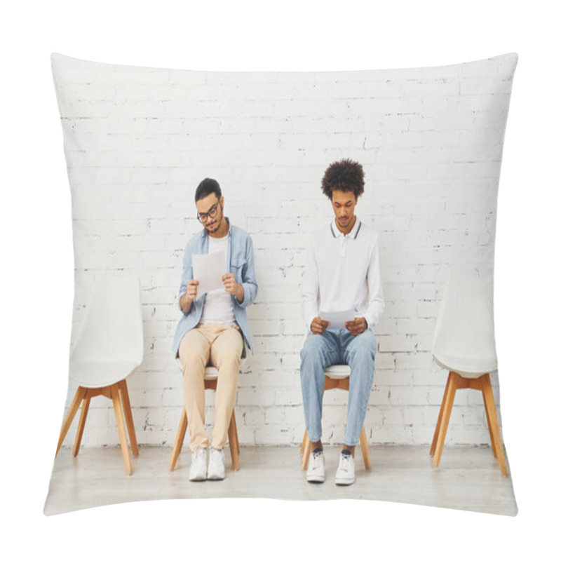 Personality  Group Of Men Engrossed In Reading Papers While Seated On Chairs. Pillow Covers