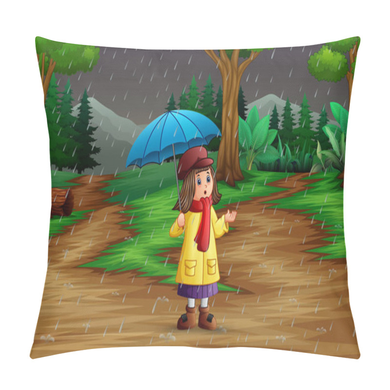 Personality  Cartoon A Girl Carrying Umbrella Under The Rain In The Forest Pillow Covers