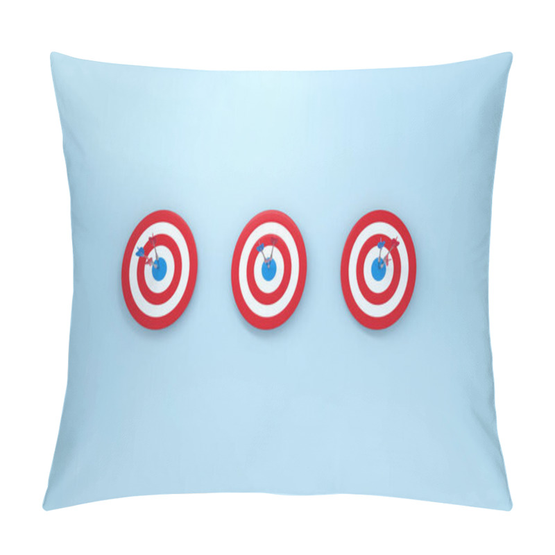 Personality  Row Dart Hitting Target On Blue Background. Bullseye Success Concept. 3d Rendering. Pillow Covers