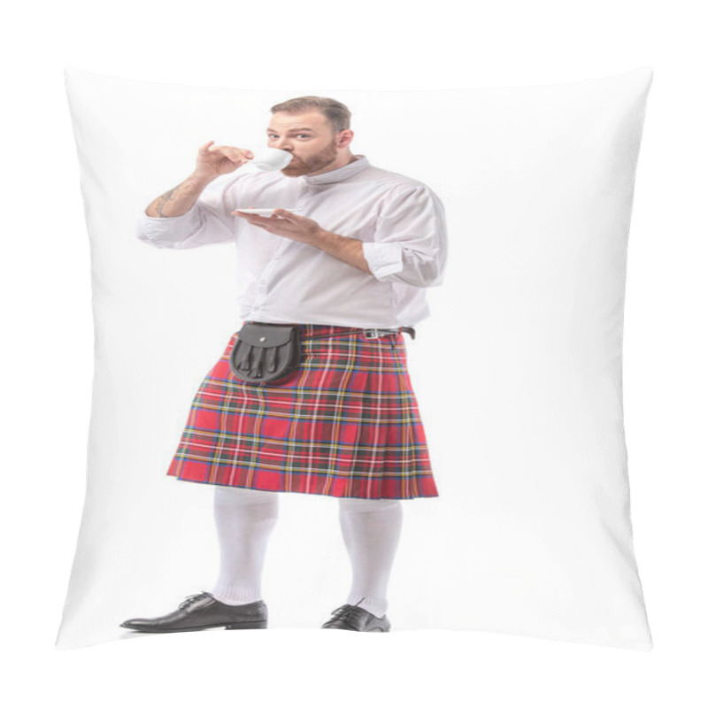 Personality  Scottish Redhead Man In Red Kilt Drinking Coffee On White Background Pillow Covers