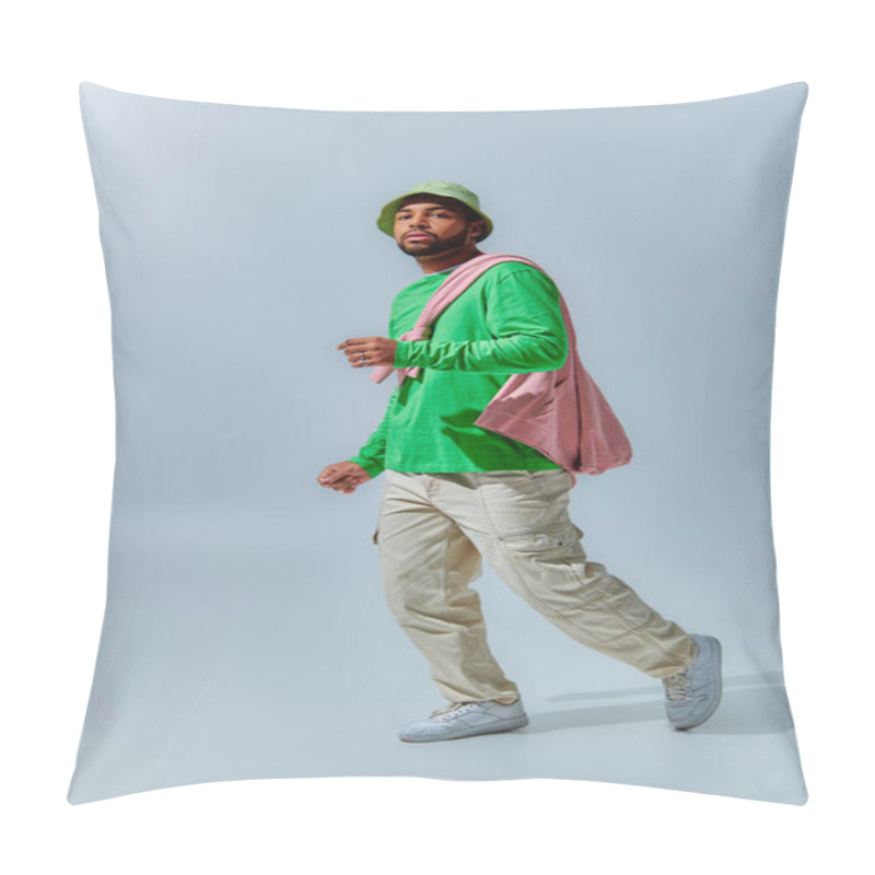 Personality  Young Stylish Man In Green Sweatshirt And Panama Walking And Looking At Camera, Fashion Concept Pillow Covers