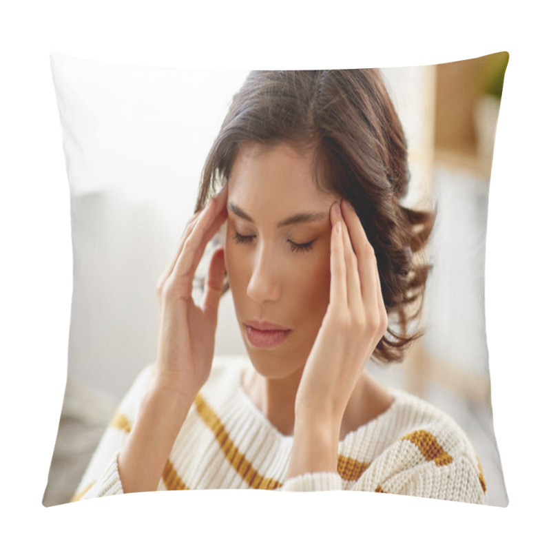 Personality  Unhappy Woman Suffering From Head Ache At Home Pillow Covers