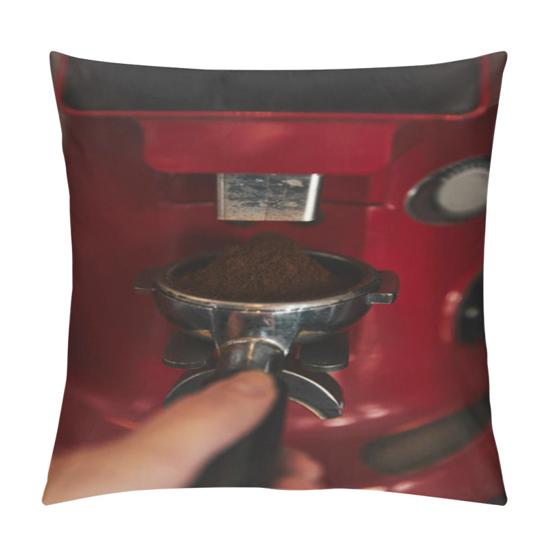 Personality  Cropped Shot Of Barista Preparing Espresso In Coffee Machine  Pillow Covers