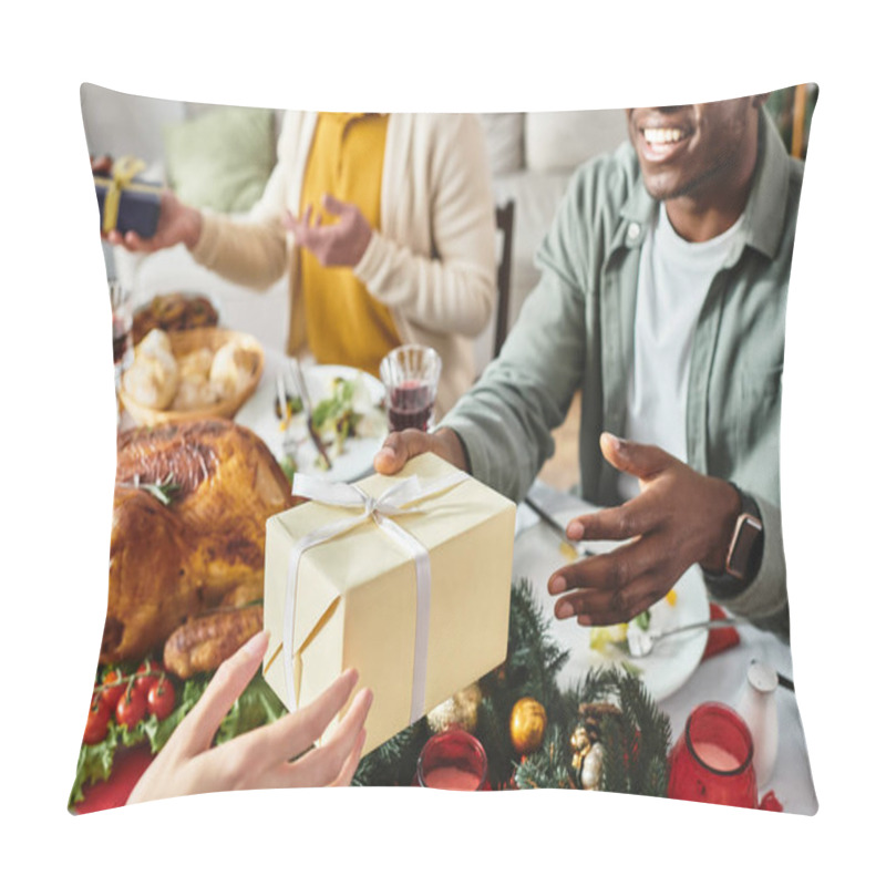 Personality  Cropped View Of Cheerful African American Man Receiving Gift From His Relative, Christmas Day Pillow Covers