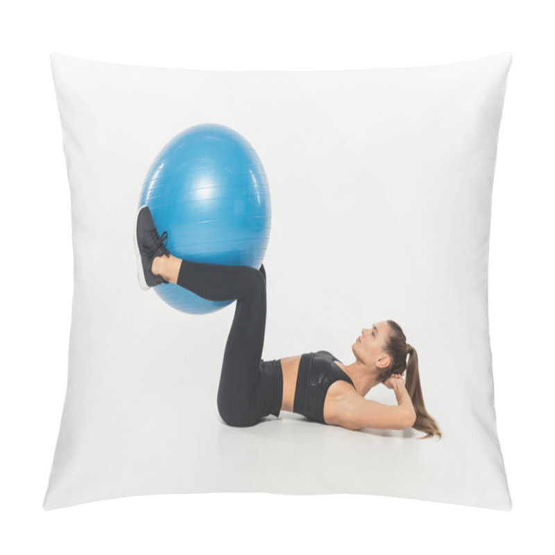 Personality  Woman In Sportswear Training With Fitness Ball On White Background, Healthy And Fit Concept Pillow Covers