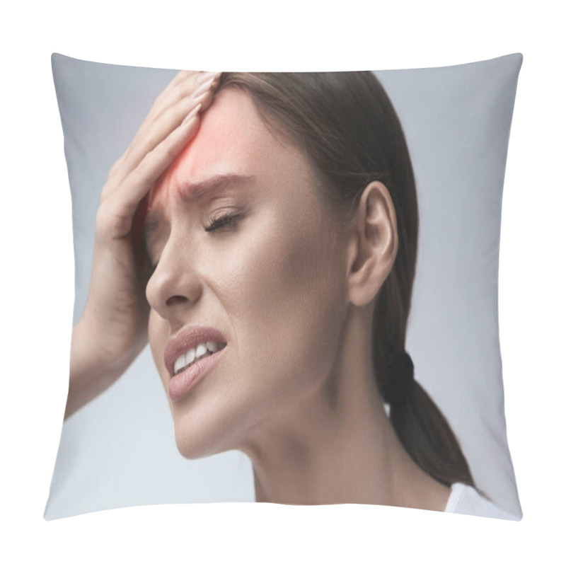 Personality  Woman Pain. Girl Having Strong Headache, Suffering From Migraine Pillow Covers