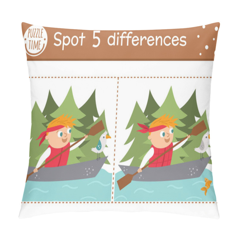 Personality  Find Differences Game For Children. Summer Camp Educational Activity With Kid Swimming In The Boat. Printable Worksheet With Cute Camping Or Forest Scenery. Woodland Preschool Shee Pillow Covers