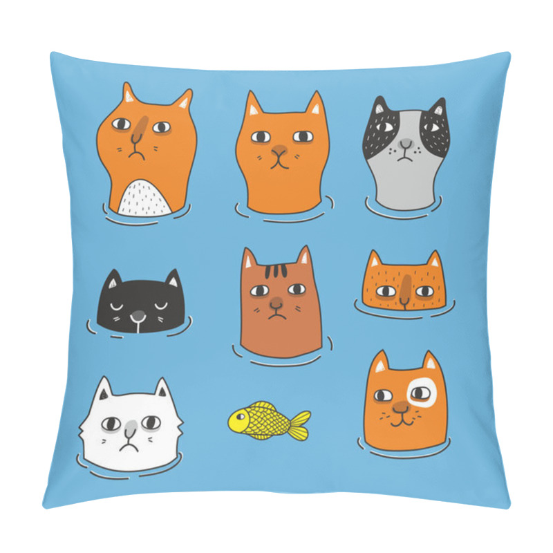 Personality  Set Of Cats Heads Isolated On Blue Background. Pillow Covers