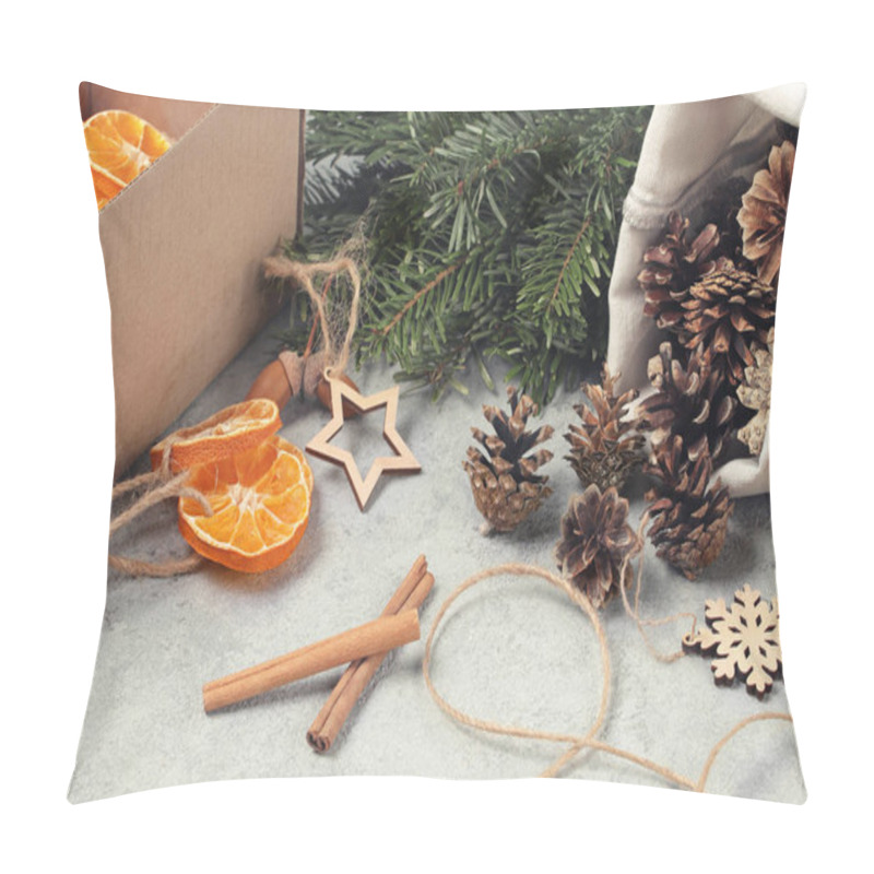 Personality  Zero Waste And Eco Friendly Christmas Concept. Natural Decorations And Branches Of A Christmas Tree On The Table Pillow Covers