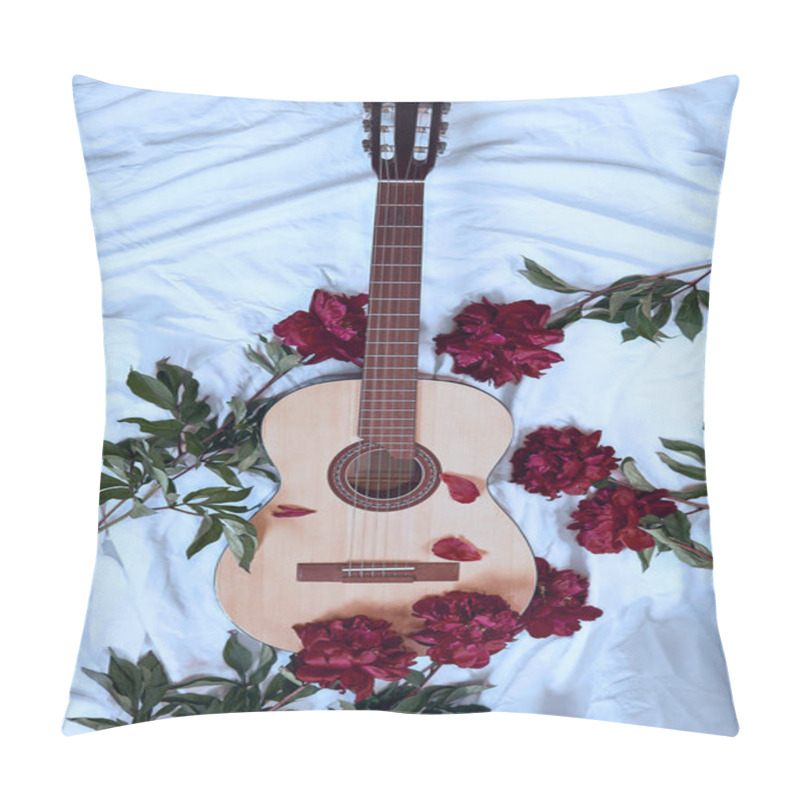 Personality  An Acoustic Wooden Guitar Lies On A White Sheet Surrounded By Red Peonies In Cool Tones. Cover For Music Album, Music Concept, Guitar Playing, Romantic Serenade Pillow Covers