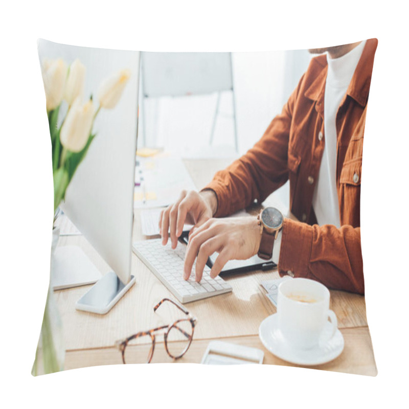 Personality  Cropped View Of Developer Using Computer Near Templates Of Ux Design And Coffee On Table Pillow Covers