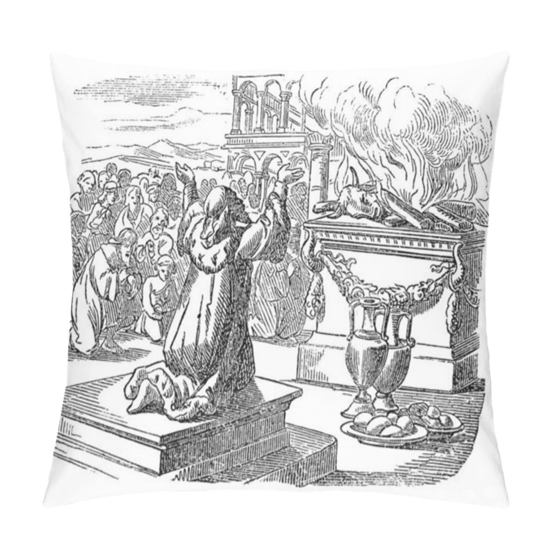 Personality  Vintage Drawing Of King Solomon Sacrificing To God After Finished The Temple. Man Praying In Front Of Altar.Bible, 2 Chronicles 7 Pillow Covers