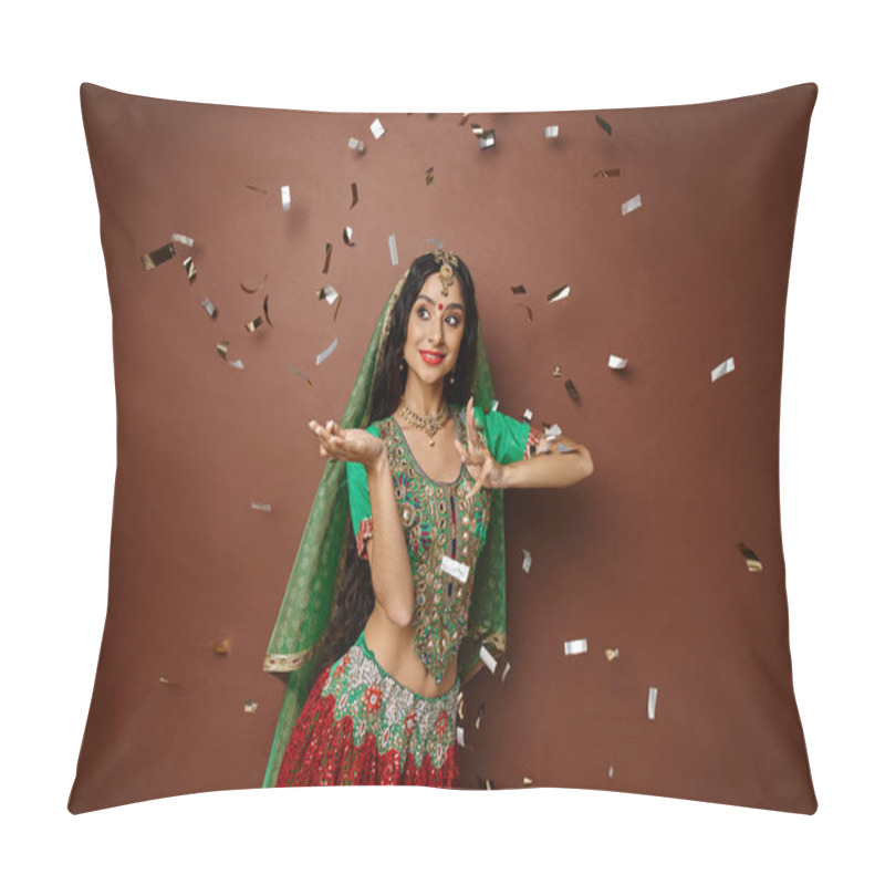 Personality  Joyous Indian Woman In National Attire With Bindi Gesturing While Dancing Under Confetti Rain Pillow Covers