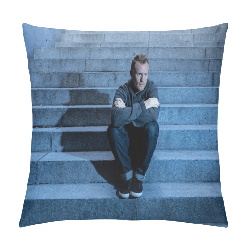 Personality  Young Desperate Jobless Man In Casual Clothes Abandoned Lost In Depression Sitting On Ground Concrete Stairs Alone In Grunge Lighting In Emotional Pain Loneliness Sadness Mental Health Concept. Pillow Covers