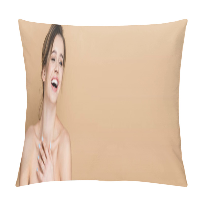 Personality  Joyful Woman With Naked Shoulders Holding Hand On Chest And Laughing Isolated On Beige, Banner Pillow Covers