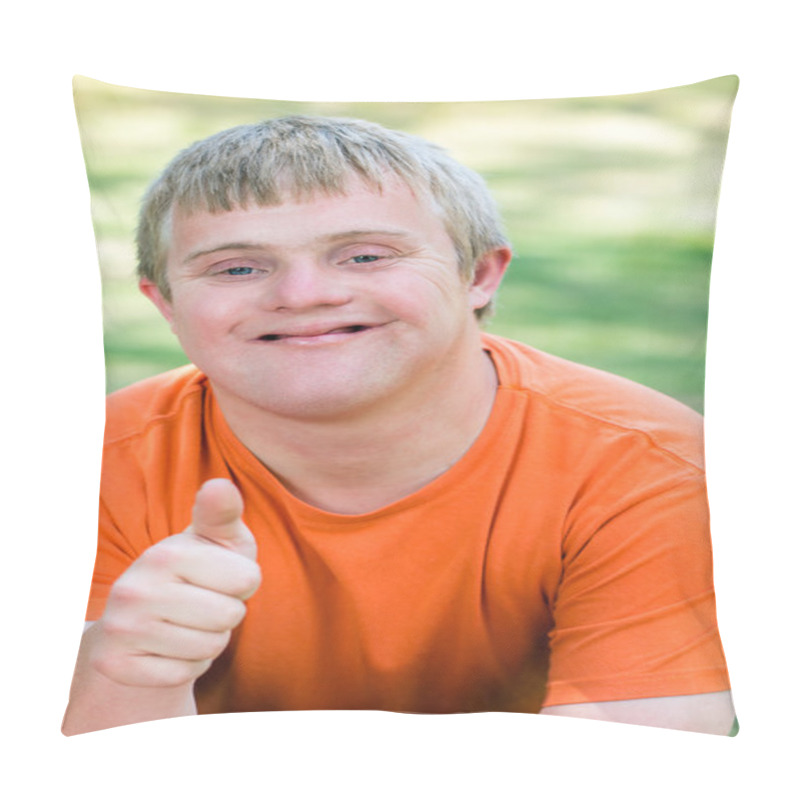 Personality  Handicapped Man Gesturing Thumb Up. Pillow Covers