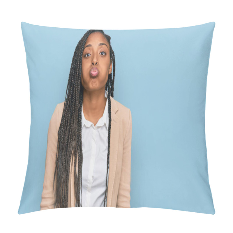 Personality  African American Woman Wearing Business Jacket Puffing Cheeks With Funny Face. Mouth Inflated With Air, Crazy Expression.  Pillow Covers