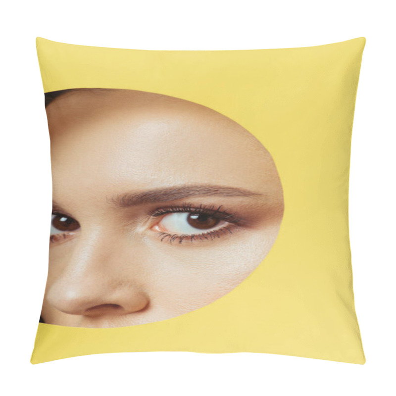 Personality  Girl With Smoky Eyes Looking At Camera Across Hole In Yellow Paper  Pillow Covers