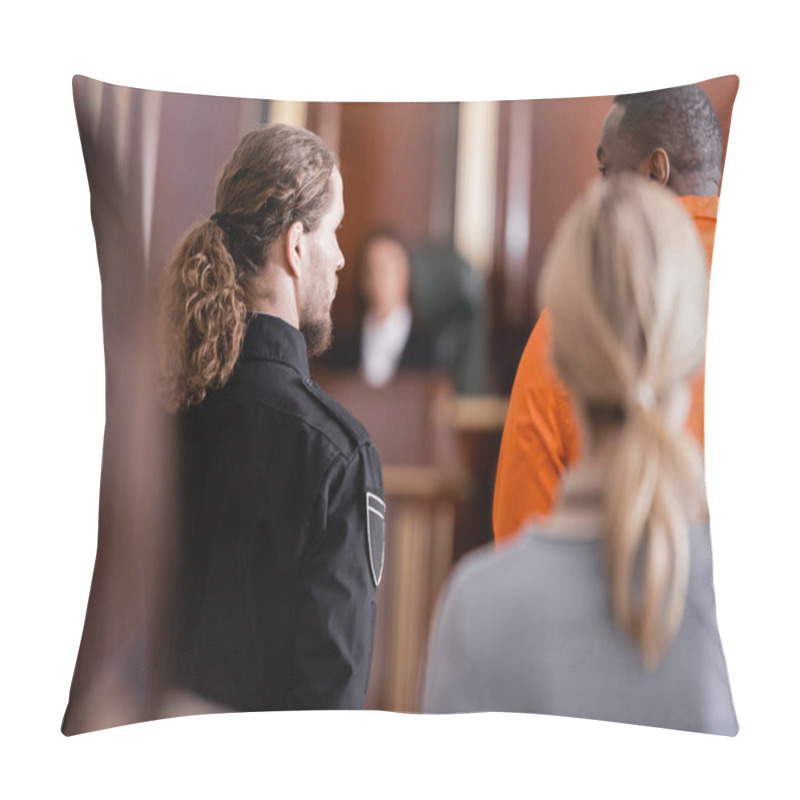 Personality  Back View Of Accused African American Man Near Guard And Blurred Jurors In Courtroom Pillow Covers